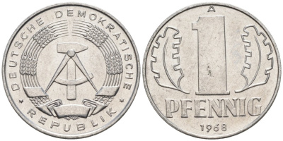 ГДР 1 пфенниг 1968 А KM 8.1 алюминий aUNC 4564-1019