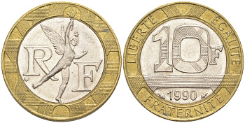 Франция 10 франков 1990 тип Гений Бастилии KM 964.1, Le Frank 375.5 биметалл 4519-245