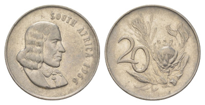 ЮАР 20 центов 1966 Ян ван Рибек (1619-1677), South Africa, легенда на африкаанс, цветок протея KM 69.1 никель 4626-751