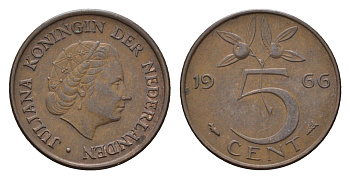 Нидерланды 5 центов 1966 Юлиана (1948-1980) KM 181 бронза 4685-125