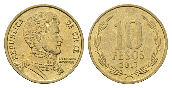 Чили 10 песо 2013 KM 228 никель латунь aUNC 4696-1058