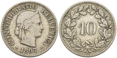 ШВЕЙЦАРИЯ 10 РАППЕНОВ 1897 В KM 27 медно-никель 4513-214