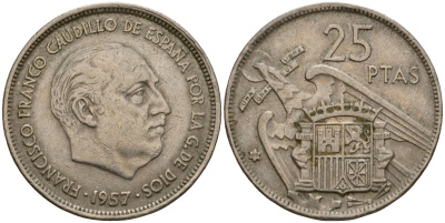 Испания 25 песет 1957 (69) KM 787 медно-никель 92-856