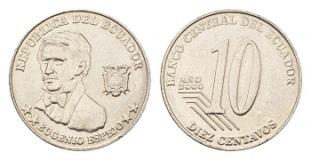 Эквадор 10 сентаво 2000 год-тип KM 106 нержавеющая сталь UNC 4697-348