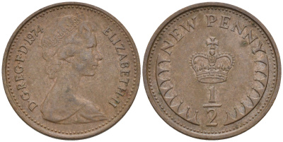 Великобритания 1/2 пенни 1974 Елизавета II (1952-2022) KM 914, Spink 4239 бронза    4189-118