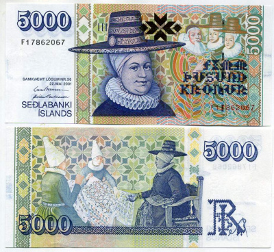 Исландия 5000 крон 2001 Рагнхейдур Йоунсдоттир Pick 60 (3) бумага UNC (пресс) 451-406-2