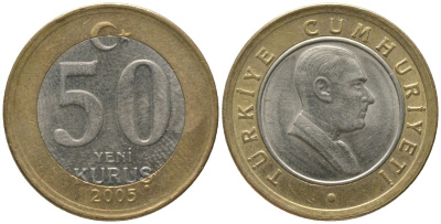 Турция 50 курушей 2005 KM 1168 биметалл 4561-1141