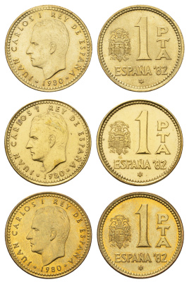Испания полный набор выпуска из 3 монет (1 песета) 1980 (80-82) чемпионат мира по футболу 1982 года в Испании, Хуан Карлос I (1975-2014) KM 816 алюминиевая бронза UNC 3458-651-653