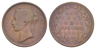 Стрейтс-Сетлментс (Стрейтс Сетлментс) 1 цент 1862 Виктория (1837-1901), год-тип KM 6 медь 4657-637