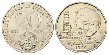 ГДР 20 марок 1979 A, 30 лет образования ГДР J. 1573, KM 75 медь никель цинк UNC UNC 4680-741
