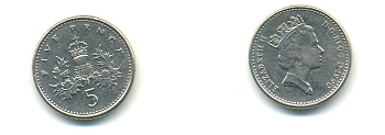 Великобритания 5 пенсов 1990 Елизавета II (1952-2022) KM 937b, Spink 4372 (D4) медно-никель 59-641