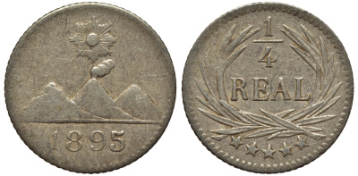 Гватемала 1/4 реала 1895 5 звезд, Испанское правление KM 162 серебро 4549-569