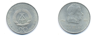 ГДР 20 марок 1972 А, Фридрих Шиллер (1759-1805) KM 40 медно-никель 3333-732