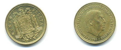 Испания 1 песета 1966 (74) Франсиско Франко (1939-1975) KM 796 алюминиевая бронза 80-1115
