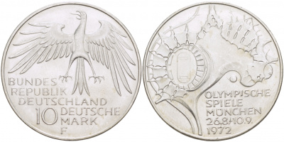 ФРГ 10 МАРОК 1972 F, ОЛИМПИАДА, СТАДИОН KM 133, J.404 серебро UNC 3457-413