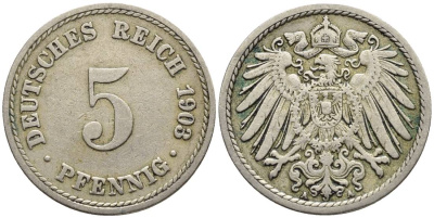 ГЕРМАНИЯ 5 ПФЕННИГОВ 1903 A KM 11, Jager 12, Weege 6 медно-никель 4547-429
