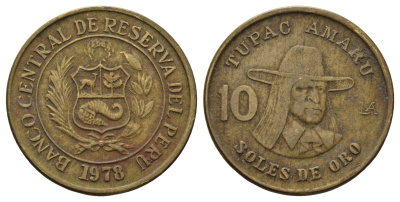 Перу 10 солей 1978 Тупак Амару II KM 272 латунь 4166-632