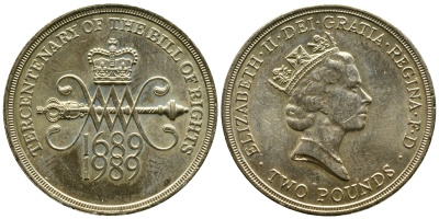Великобритания 2 фунта 1989 Елизавета II (1952-2022), 300 лет "Биллю о правах" Англии KM 960, Spink 4312 (K2) никель латунь 4179-1141