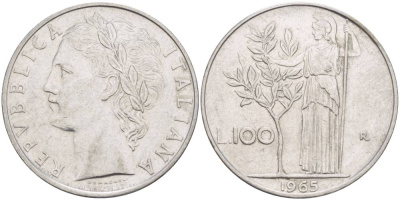 ИТАЛИЯ 100 ЛИР 1965 R, АФИНА У ОЛИВКОВОГО ДЕРЕВА KM 96.1 нержавеющая сталь 4545-634