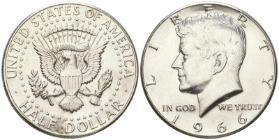 США 1/2 доллара (50 центов) 1966 Джон Кеннеди KM 202a серебро  UNC  4178-822
