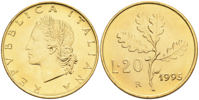 Италия 20 лир 1995 R, дубовый лист KM 97.2 алюминиевая бронза  UNC  4594-1017