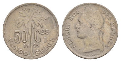 Бельгийское Конго 50 сантимов 1926 Надпись на французском - 'ALBERT ROI DES BELGES' KM 22 медно-никель 4656-147