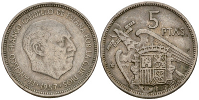 Испания 5 песет 1957 (71) Франсиско Франко (1939-1975) KM 786 медно-никель 186-657
