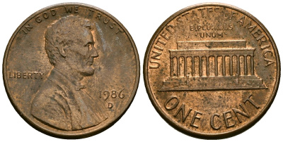 США 1 цент 1986 D, Линкольн KM 201b цинк плакированный медью 4136-313