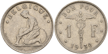 Бельгия 1 франк 1930 Belgique KM 89 никель    4161-1215