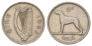 Ирландия 6 пенсов 1963 собака, ирландский волкодав KM 13a медно-никель 4682-556
