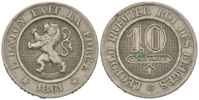 Бельгия 10 сантимов 1861 Леопольд I (1831-1865) KM 22 медно-никель 4615-664
