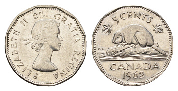 Канада 5 центов 1962 Елизавета II (1952-2022), бобр KM 50a никель aUNC 4684-141