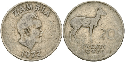 Замбия 20 нгве 1972 Кеннет Каунда, редунки KM 13 медно-никель 4162-535