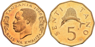 Танзания 5 центов 1966 KM 1 бронза PROOF 00-00