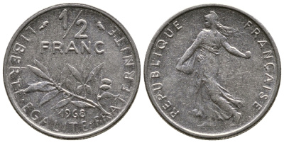 ФРАНЦИЯ 1/2 ФРАНКА 1968 СЕЯТЕЛЬ KM 931.1 никель 26-966