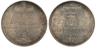 ФРГ 5 марок 1971 D, 500 лет со дня рождения Альбрехта Дюрера KM 129, J. 410 серебро 413-4722
