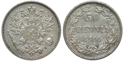 Россия для Финляндии 50 пенни 1911 L, Николай II (1894-1917) КМ 2.2, Биткин 404 серебро 75-845