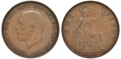 Великобритания 1 пенни 1929 Георг V (1910-1936) KM 838, Spink 4055 бронза 4123-1026