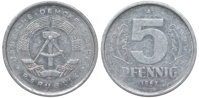 ГДР 5 ПФЕННИГОВ 1983 A КМ 9.2 алюминий 62-457