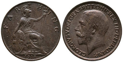 Великобритания 1 фартинг 1918 Георг V (1910-1936) KM 808.2, Spink 4060 бронза aUNC 117-653