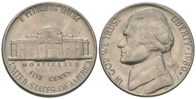 США 5 центов 1980 P, Джеферсон KM А192 медно-никель 4622-715