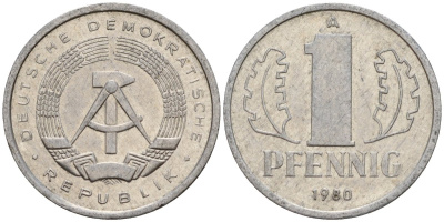 ГДР 1 пфенниг 1980 A KM 8.2 алюминий 187-1015