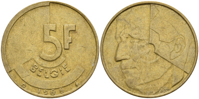 Бельгия 5 франков 1988 Belgie KM 164 алюминиевая бронза плакированная латунью    4187-432