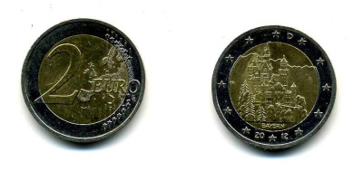 Германия 2 евро 2012 A, Бавария, Замок Нойшванштайн, серия Федеральные земли Германии KM 305 биметалл 51-5117