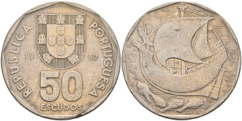 Португалия 50 эскудо 1987 парусник KM 636 медно-никель 4572-1123