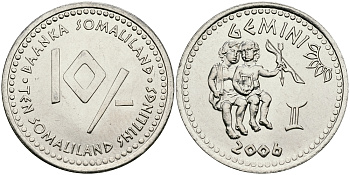 Сомалиленд 10 шиллингов 2006 СЕРИЯ ЗНАКИ ЗОДИАКА, БЛИЗНЕЦЫ KM NEW никелированная сталь UNC 540-831