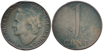 НИДЕРЛАНДЫ 1 ЦЕНТ 1948 ВИЛЬГЕЛЬМИНА (1890-1948) KM 107 бронза 214-1021