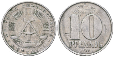 ГДР 10 пфеннигов 1968 A KM 10 алюминий 201-839