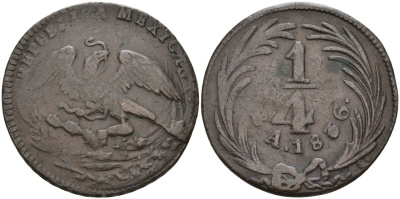 Мексика 1/4 реала 1836 Республика KM 358 медь 190-923