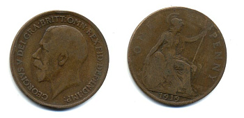 Великобритания 1 пенни 1919 Георг V (1910-1936) KM 810, Spink 4051 бронза 47-212